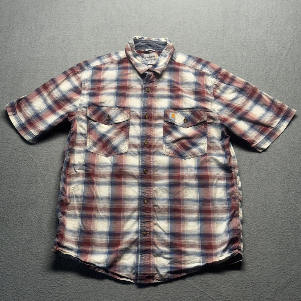 Carhartt Mens Plaid Shirt Short Sleeve Relaxed Fit Medium Red White Blue 104173